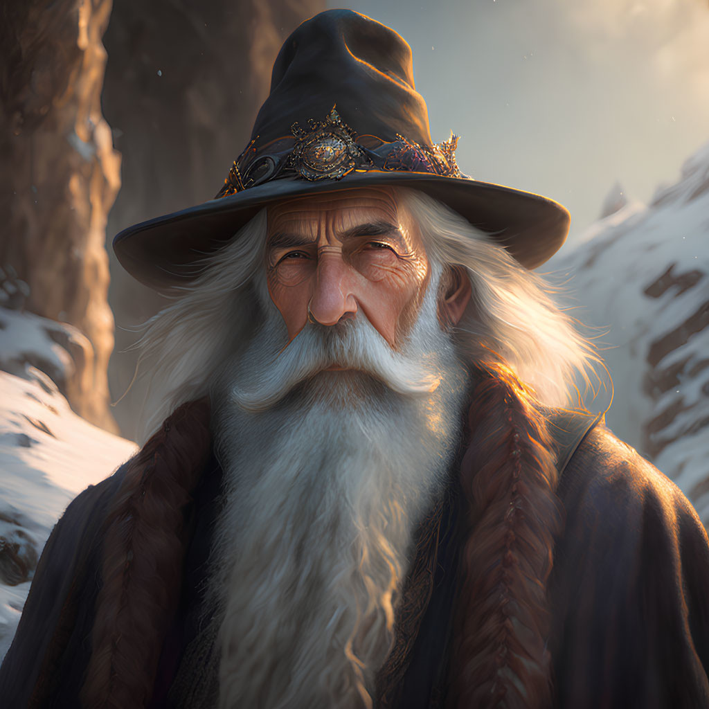 Elderly wizard with long white beard and detailed hat in snowy mountain landscape