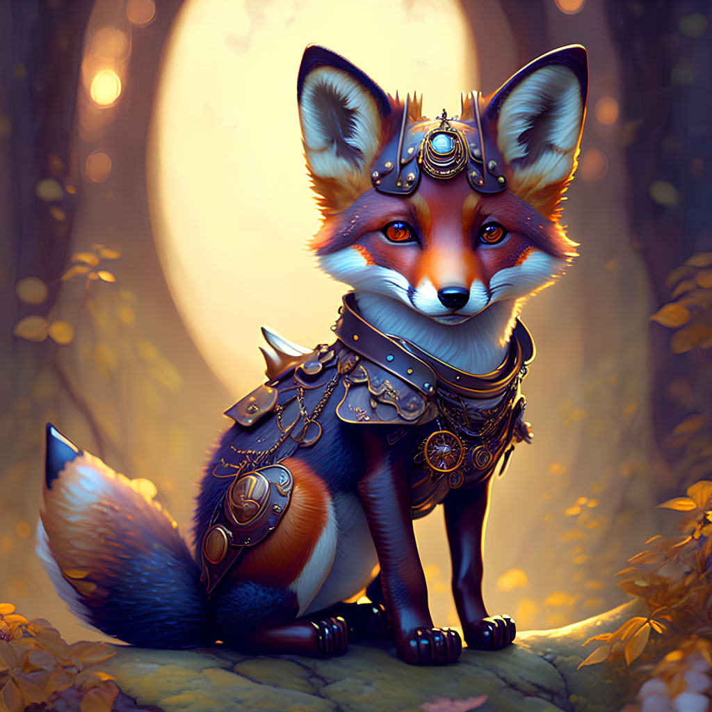 Anthropomorphic fox in steampunk armor surrounded by autumn leaves