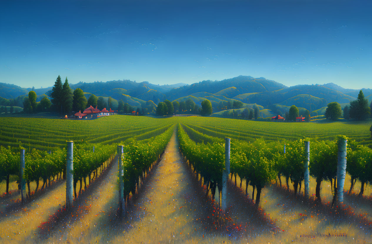 Scenic vineyard rows with rural houses and mountains under blue sky