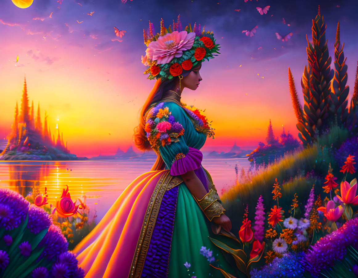 Woman in traditional dress admiring vibrant sunset over fantastical landscape