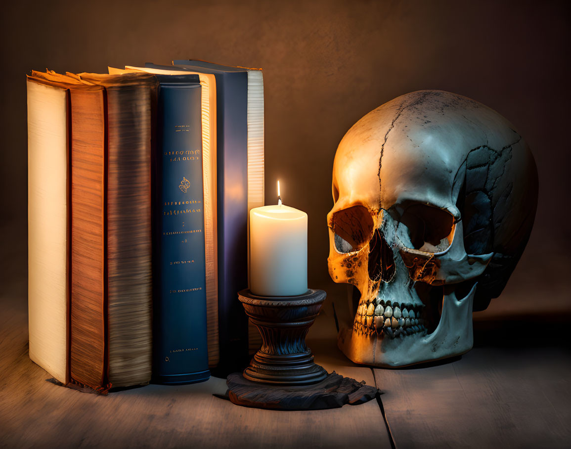 Books stack, candle, skull on wooden surface with warm backlight