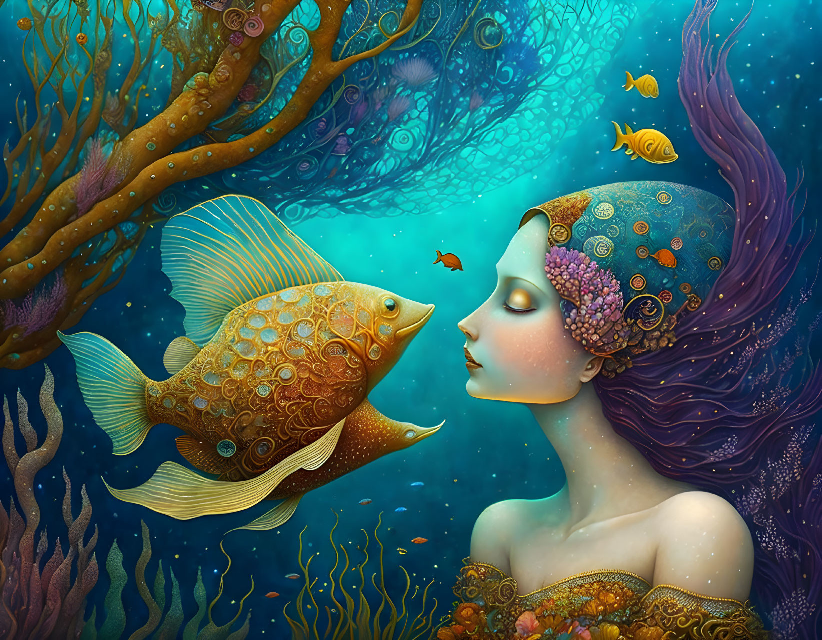 Woman and fish in colorful underwater scene with coral reef.