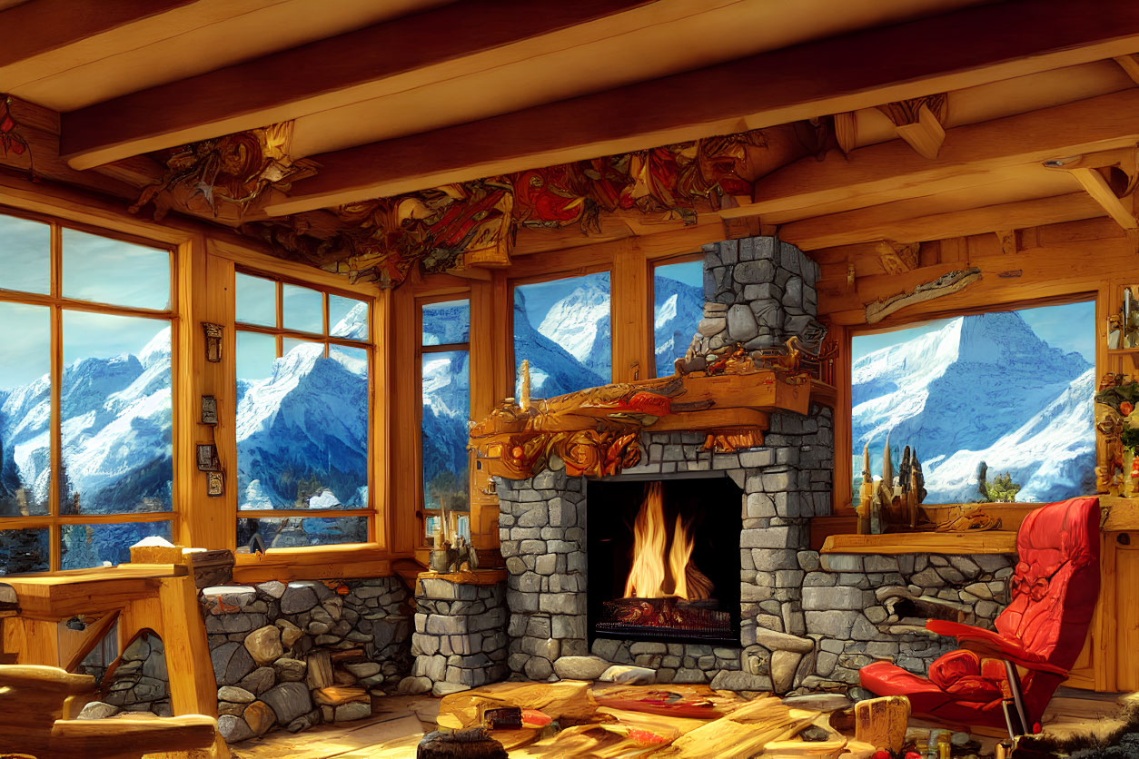 Rustic cabin interior with stone fireplace and snowy mountain view