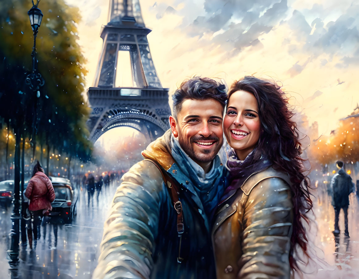 Couple posing with Eiffel Tower in rainy autumn street