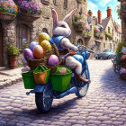 Giant Rabbit on Motorcycle with Easter Eggs in European Street