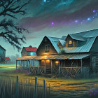 Starry night sky over rustic farmhouses in peaceful countryside