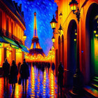 Vibrant street scene: Paris at night with Eiffel Tower and colorful reflections.