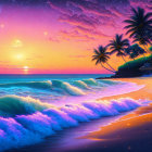 Scenic Beach Sunset with Purple Skies and Palm Trees