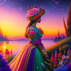 Woman in traditional dress admiring vibrant sunset over fantastical landscape