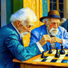 Elderly Men Playing Chess in Colorful Café Scene