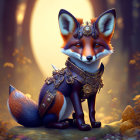 Anthropomorphic fox in steampunk armor surrounded by autumn leaves