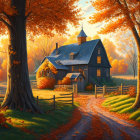 Idyllic countryside scene with blue barn and autumnal trees at sunset