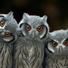 Colorful Owl Trio Perched in Dark Setting