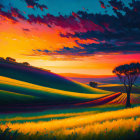 Colorful sunset landscape painting with vivid orange and blue skies and silhouetted tree