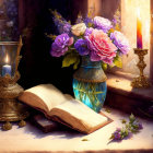 Open book next to vibrant bouquet and lit candle on ivy-adorned table