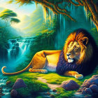 Majestic lion by serene waterfall in lush jungle with sun rays