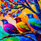 Colorful Birds Perched on Branch with Vibrant Background