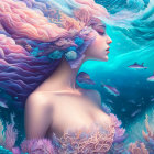 Surreal artwork featuring woman with flowing ocean wave hair and marine surroundings