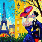 Colorful painting of couple kissing by Eiffel Tower with yellow building and red tree.