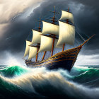 Sailing ship with billowing sails in stormy seas