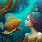 Woman and fish in colorful underwater scene with coral reef.