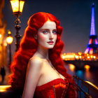 Vibrant digital art: woman with red hair, Eiffel Tower backdrop