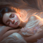 Tranquil illustration: young woman sleeping in soft fabric folds with delicate flowers.