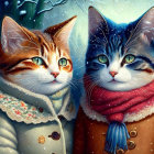 Illustrated cats in winter outfits with snowy background