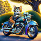 Tabby cat with bandana and cigar on motorcycle in whimsical sunset landscape