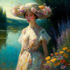 Woman in floral dress and hat by river in lush setting