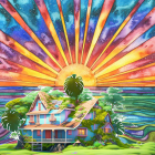 Colorful Illustration of Scenic House Surrounded by Nature and Celestial Elements