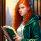 Red-haired woman in green hoodie reading book with castle and sunlight in background