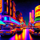 Neon-lit street with vintage cars and retro signage