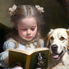 Girl with flowers reading book with two dogs in serene setting