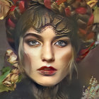 Portrait of a Woman with Autumn Leaf Crown and Serene Expression