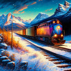 Illustrated train in snowy mountain landscape at twilight with starlit carriage