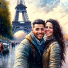 Couple posing with Eiffel Tower in rainy autumn street