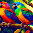 Colorful Parrots Perched on Branch with Green Foliage