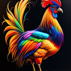 Colorful Rooster Illustration with Rainbow Feathers on Dark Background