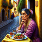 Elderly woman deep in thought at colorful street cafe