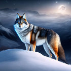 Majestic wolf with starry night sky fur on snowy mountain.