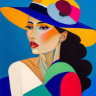 Colorful hat woman in abstract clothing on blue background