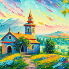 Colorful Impressionistic Painting of Church and Trees on Hills