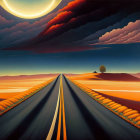 Surreal painting of long road, orange landscapes, and large sun