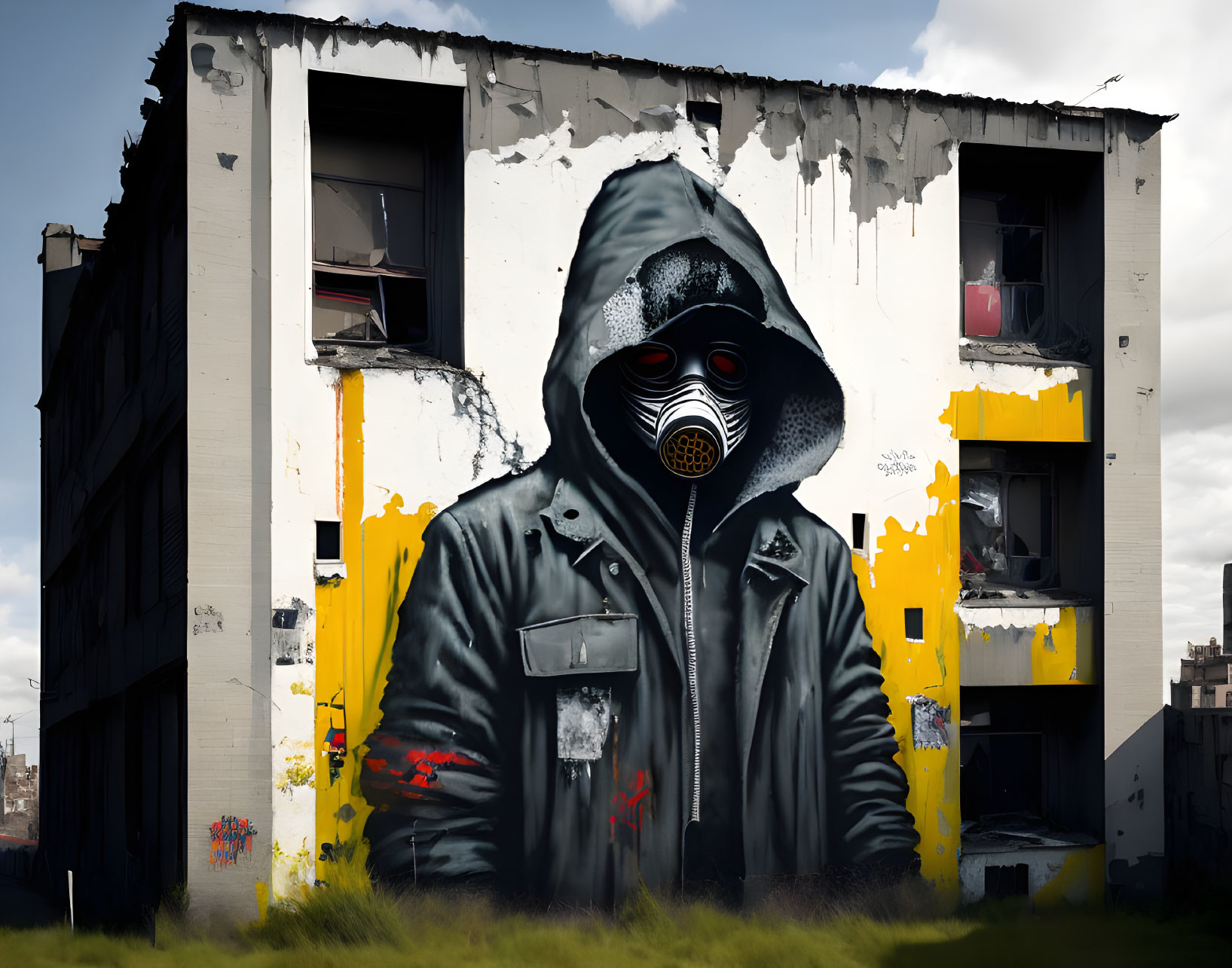 Urban mural of figure in hooded jacket and gas mask on rundown building