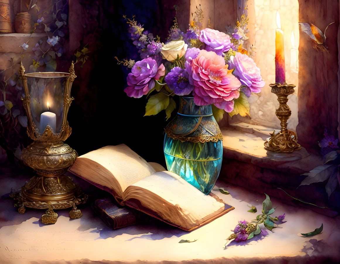 Open book next to vibrant bouquet and lit candle on ivy-adorned table