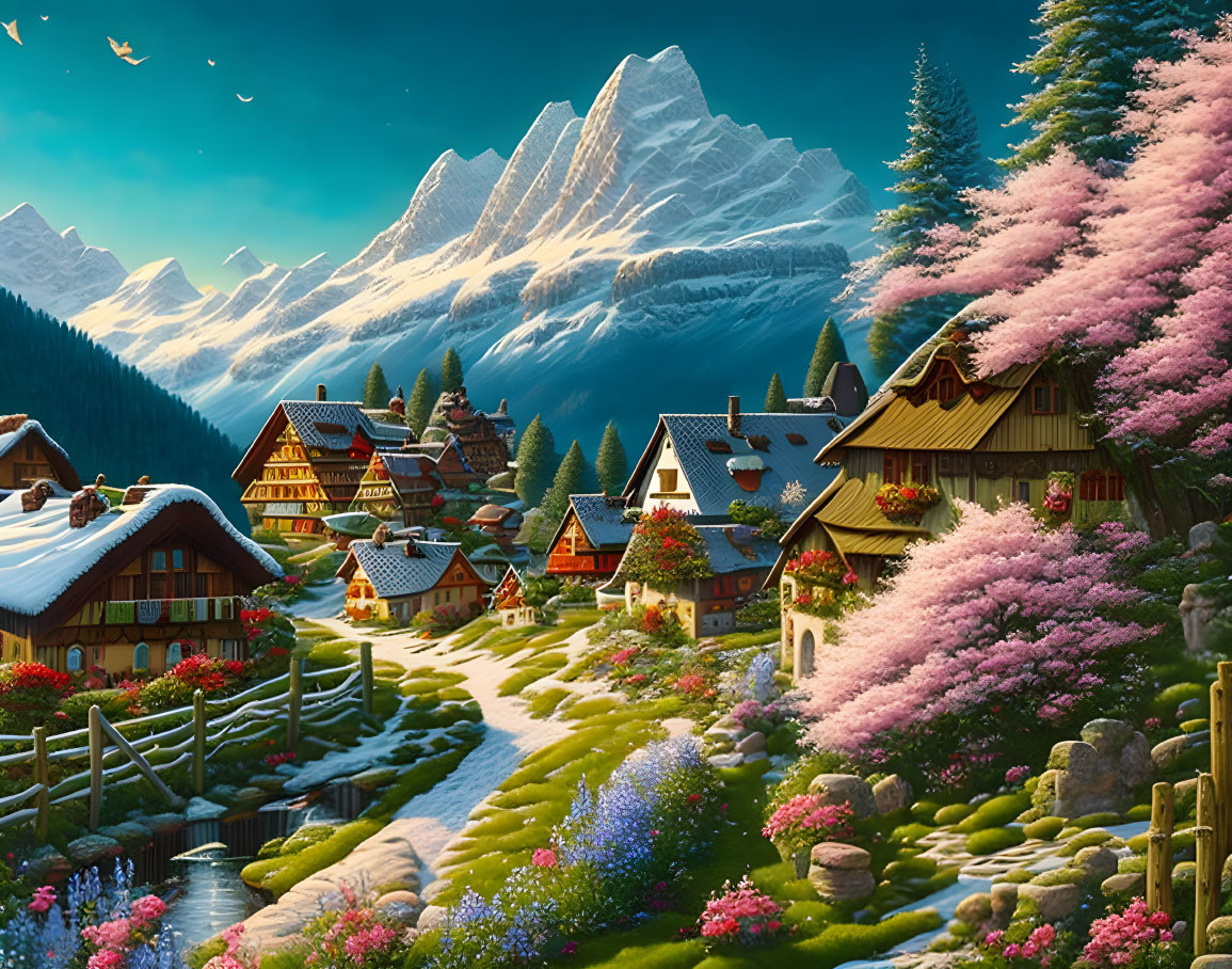 Scenic village with cozy houses, blooming trees, snow-capped mountains