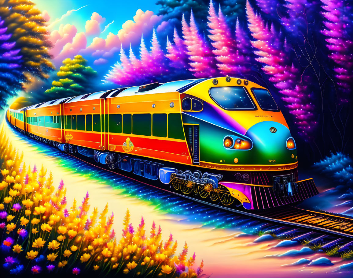 Vibrant Train Illustration in Whimsical Landscape