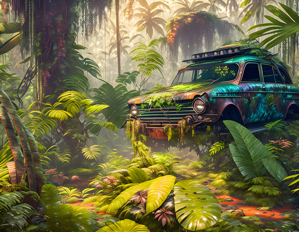 Abandoned rusty car in lush jungle with dense foliage