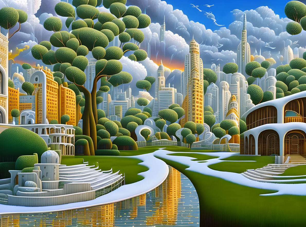 Futuristic cityscape with lush greenery and modern architecture